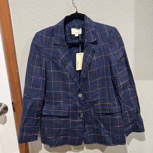 Navy Windowpane Blazer with Colorful Accent - The Korner 100% Linen NWT